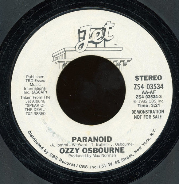 Ozzy Osbourne : Paranoid (7", Single, Promo, Styrene)