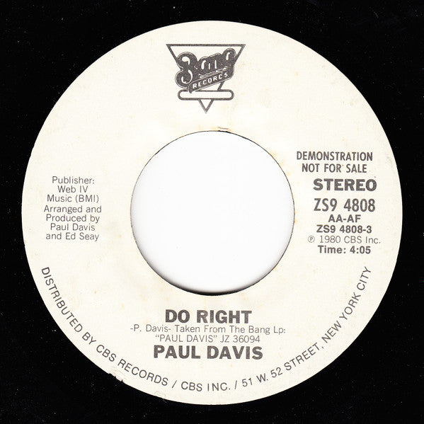 Paul Davis (3) : Do Right (7", Promo, Styrene)
