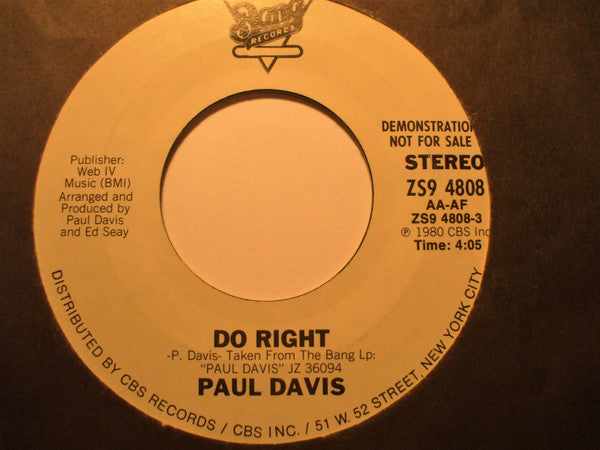 Paul Davis (3) : Do Right (7", Promo, Styrene)