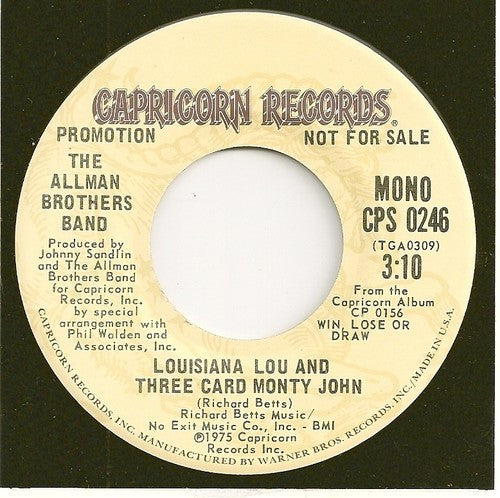 The Allman Brothers Band : Louisiana Lou And Three Card Monty John (7", Mono, Promo)