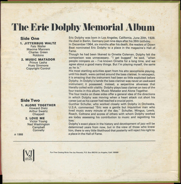 Eric Dolphy : The Eric Dolphy Memorial Album (LP, Album, Mono, RE)