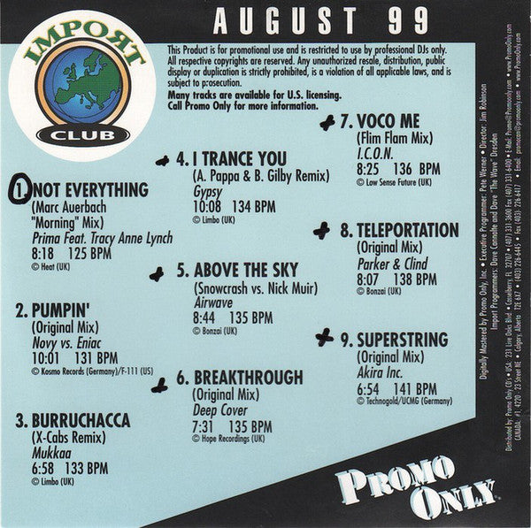 Various : Promo Only Import Club August 99 (CD, Comp, Promo)