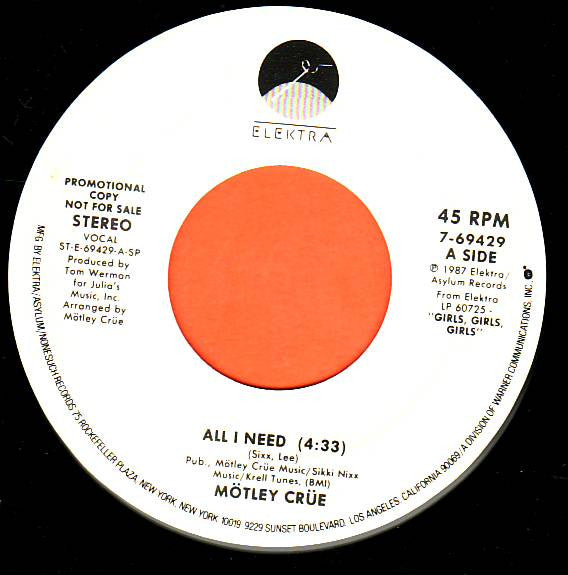 Mötley Crüe : All I Need (7", Single, Promo)