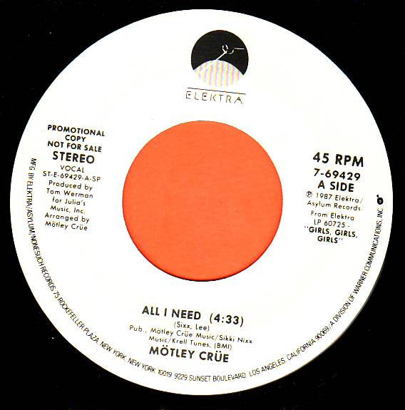 Mötley Crüe : All I Need (7", Single, Promo)