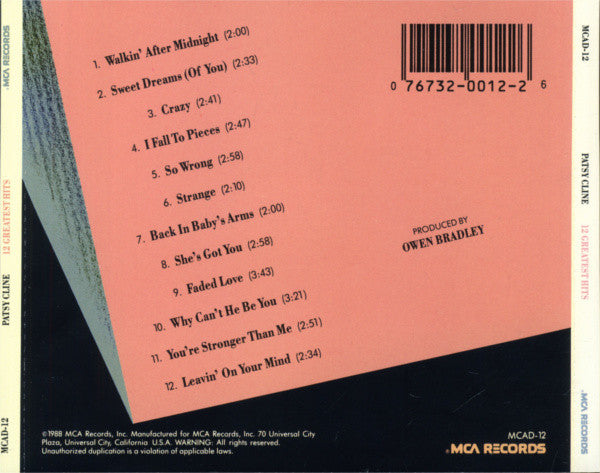 Patsy Cline : 12 Greatest Hits (CD, Comp, RE, RM, RP, UNI)