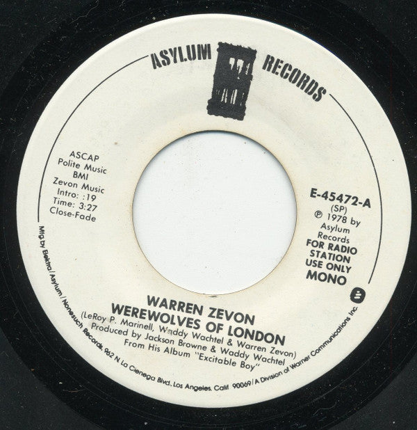 Warren Zevon : Werewolves Of London (7", Single, Mono, Promo, SP )