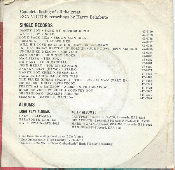 Harry Belafonte : The Blues Is Man (7")