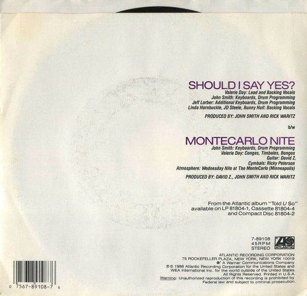 Nu Shooz : Should I Say Yes? (7", Single, Promo)