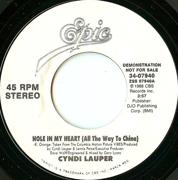 Cyndi Lauper : Hole In My Heart (All The Way To China) (7", Single, Promo)