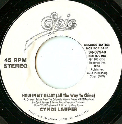 Cyndi Lauper : Hole In My Heart (All The Way To China) (7", Single, Promo)