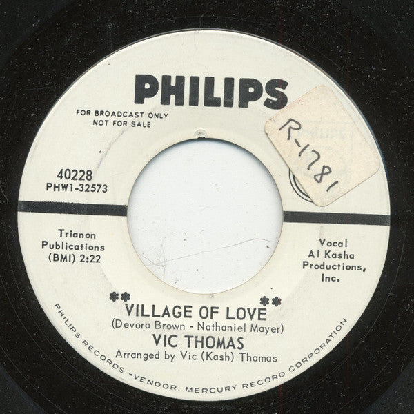 Vic Thomas : Village Of Love / Down The Stream To The River (7", Single, Promo)
