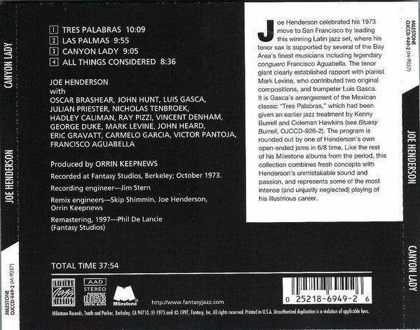 Joe Henderson : Canyon Lady (CD, Album, RE, RM)