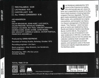 Joe Henderson : Canyon Lady (CD, Album, RE, RM)