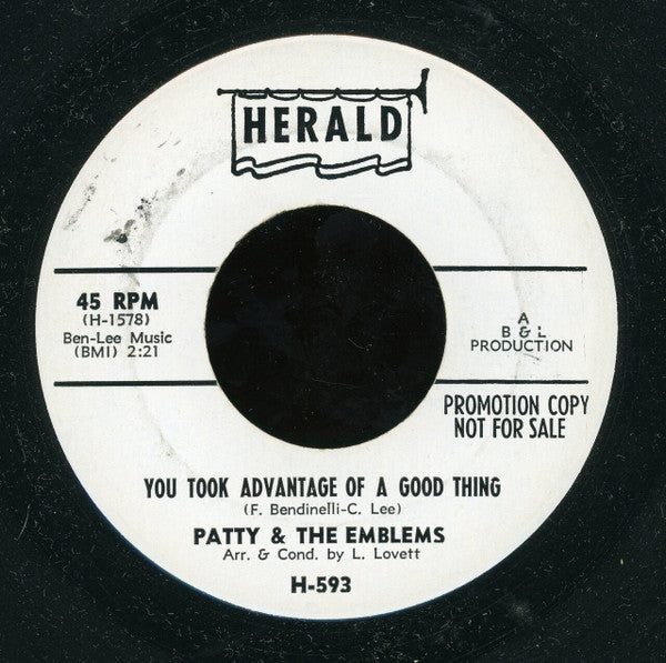 Patty & The Emblems : (The Sound Of Music) Makes Me Want To Dance / You Took Advantage Of A Good Thing (7", Promo)