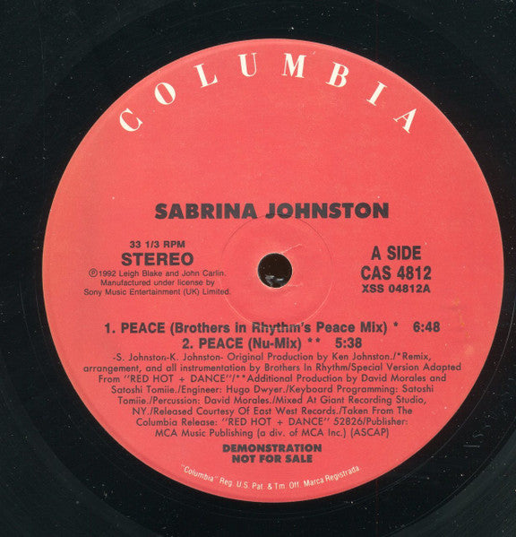 Sabrina Johnston / Crystal Waters : Peace / Gypsy Woman (12", Promo)