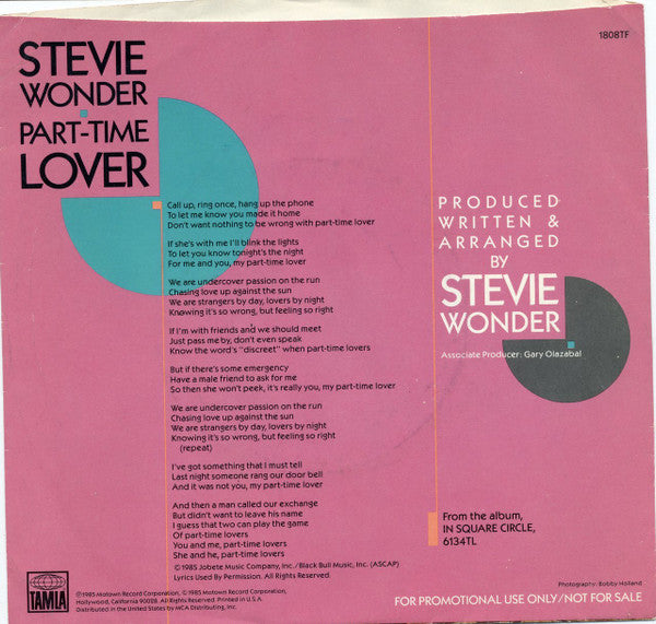 Stevie Wonder : Part-Time Lover (7", Single, Promo)