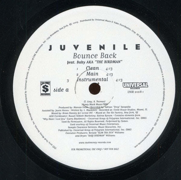 Juvenile (2) : Bounce Back (12", Promo)