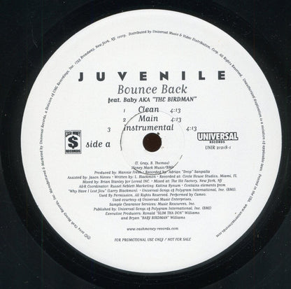 Juvenile (2) : Bounce Back (12", Promo)