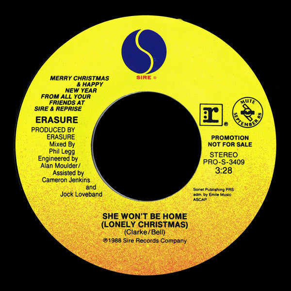 Erasure : She Won't Be Home (Lonely Christmas) / God Rest Ye Merry Gentlemen (7", Single, Promo, Styrene)