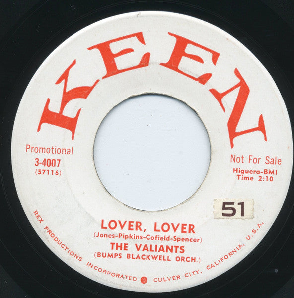 The Valiants : Lover, Lover / Walkin' Girl (7", Single, Promo)