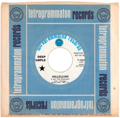 Deep Purple : Hallelujah (I Am The Preacher) (7", Single, Promo, Styrene)