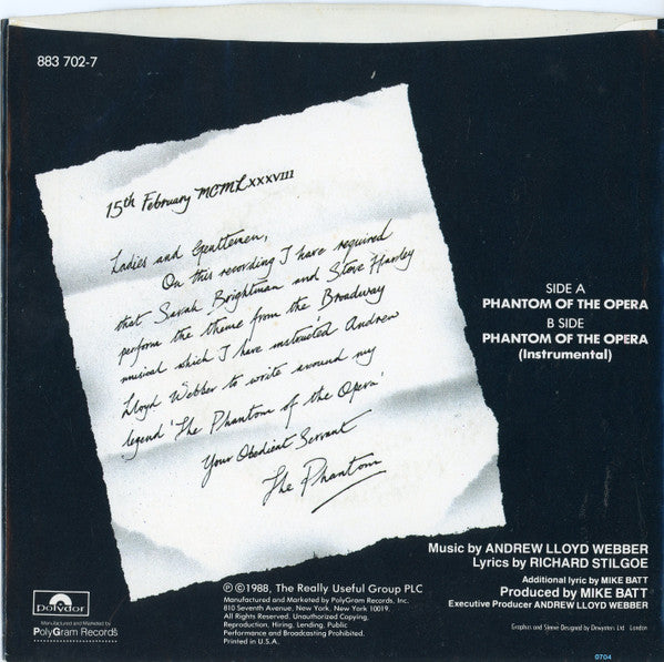 Sarah Brightman And Steve Harley : The Phantom Of The Opera (7", Single)