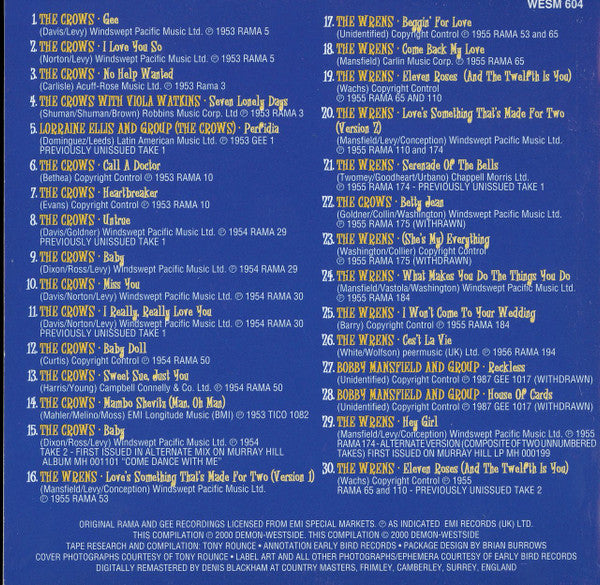 The Crows & The Wrens (2) : Strictly For The Birds : The Rama & Gee Recordings 1953-56 (CD, Comp)