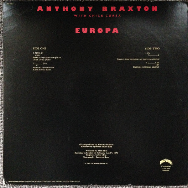 Anthony Braxton With Chick Corea : Europa (LP, Album)