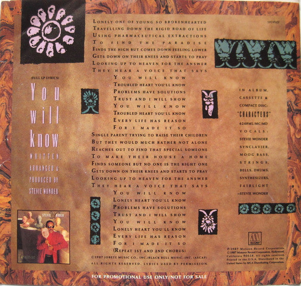 Stevie Wonder : You Will Know (7", Promo)