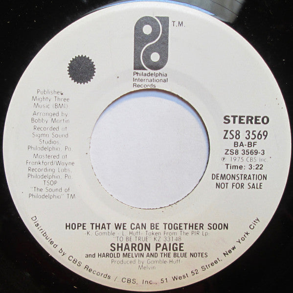 Sharon Paige And Harold Melvin And The Blue Notes : Hope That We Can Be Together Soon  (7", Mono, Promo)