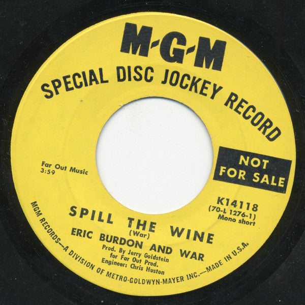 Eric Burdon & War : Spill The Wine (7", Single, Mono, Promo)