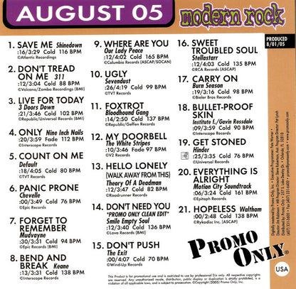 Various : Promo Only Modern Rock Radio: August 2005 (CD, Comp, Promo)