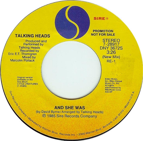 Talking Heads : And She Was (7", Promo, Styrene)