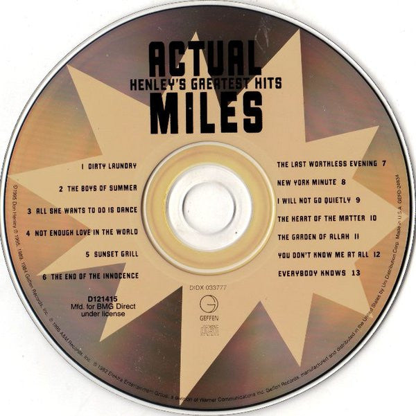 Don Henley : Actual Miles (Henley's Greatest Hits) (CD, Comp, Club, RE, RP, Cin)
