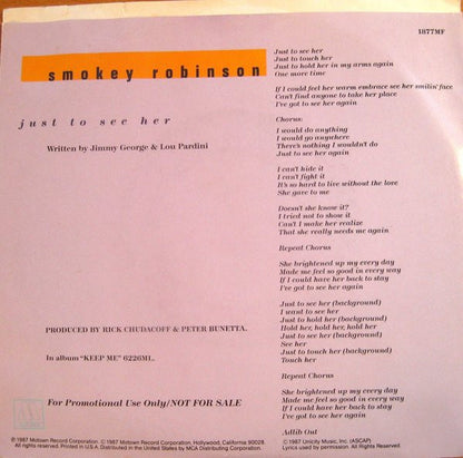 Smokey Robinson : Just To See Her (7", Single, Promo)