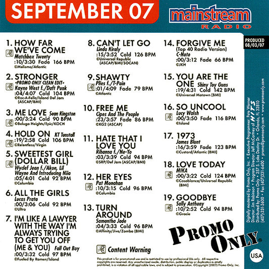 Various : Promo Only Mainstream Radio: September 07 (CD, Comp, Promo)