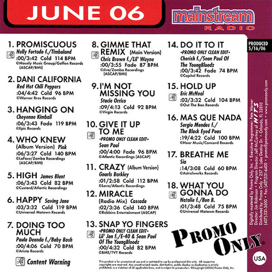 Various : Promo Only Mainstream Radio: June 06 (CD, Comp, Promo)