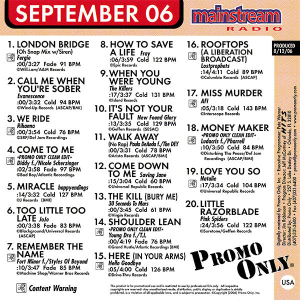 Various : Promo Only Mainstream Radio: September 06 (CD, Comp, Promo)