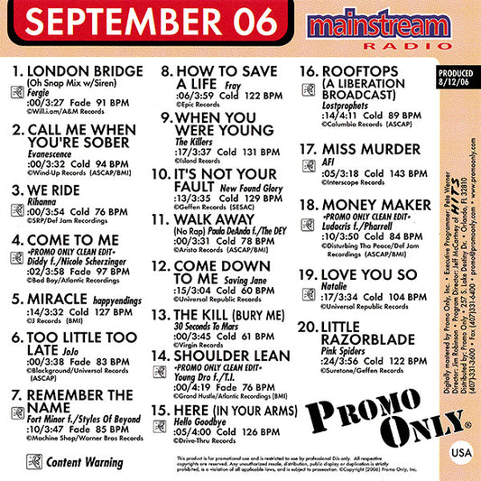 Various : Promo Only Mainstream Radio: September 06 (CD, Comp, Promo)