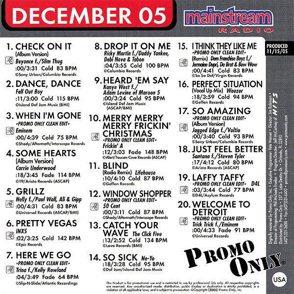 Various : Promo Only Mainstream Radio: December 05 (CD, Comp, Promo)