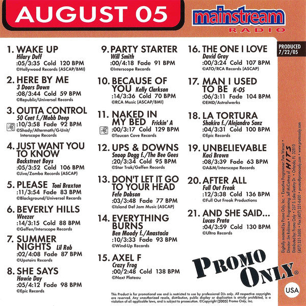Various : Promo Only Mainstream Radio: August 05 (CD, Comp, Promo)