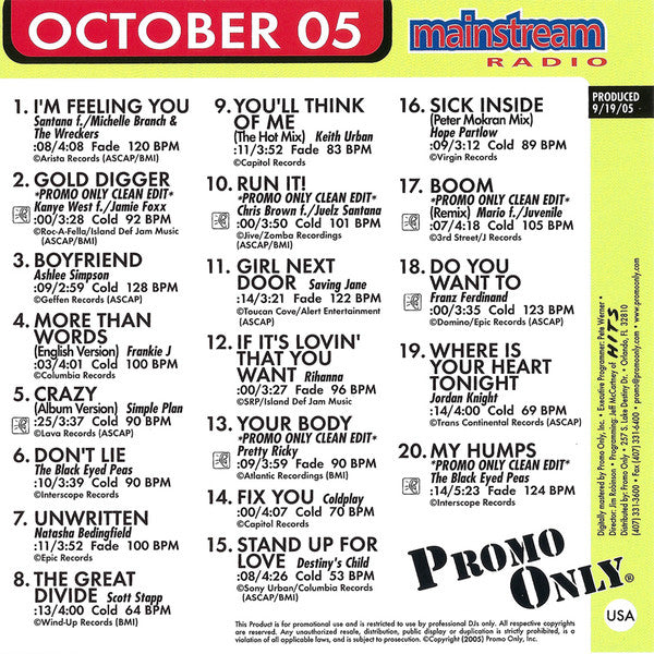 Various : Promo Only Mainstream Radio: October 05 (CD, Comp, Promo)