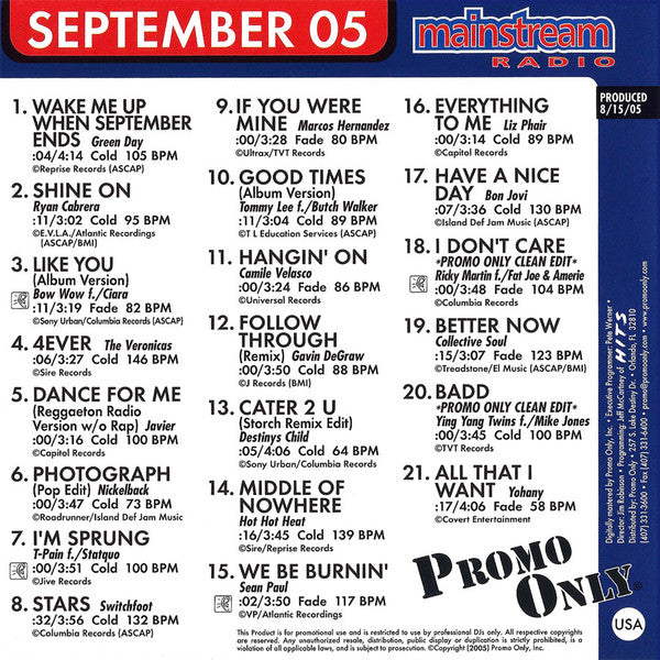 Various : Promo Only Mainstream Radio: September 05 (CD, Comp, Promo)