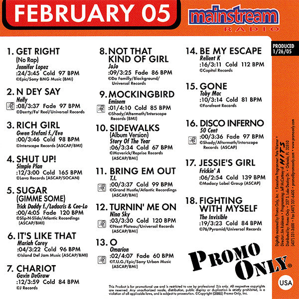 Various : Promo Only Mainstream Radio: February 05 (CD, Comp, Promo)