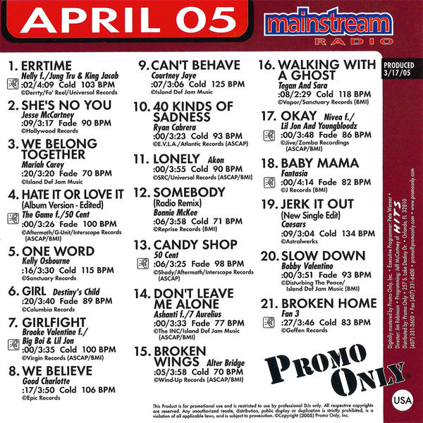 Various : Promo Only Mainstream Radio: April 05 (CD, Comp, Promo)
