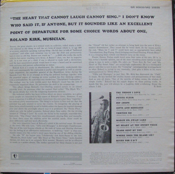 Roland Kirk : Gifts & Messages (LP, Album, Mono, Promo)