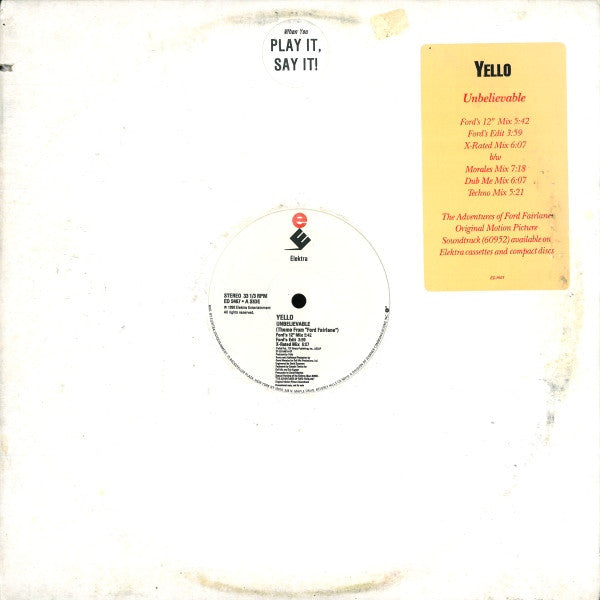 Yello : Unbelievable (Theme From "Ford Fairlane") (12", Promo)
