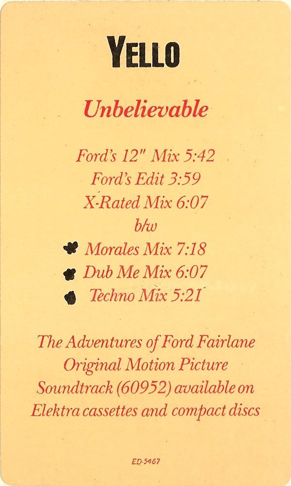 Yello : Unbelievable (Theme From "Ford Fairlane") (12", Promo)