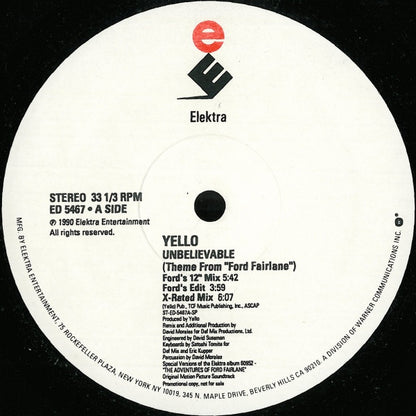 Yello : Unbelievable (Theme From "Ford Fairlane") (12", Promo)