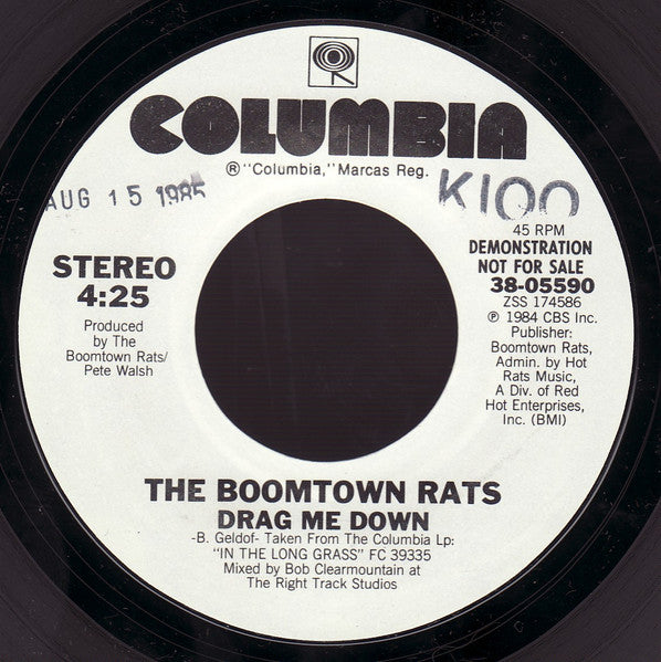 The Boomtown Rats : Drag Me Down (7", Single, Promo, Styrene)